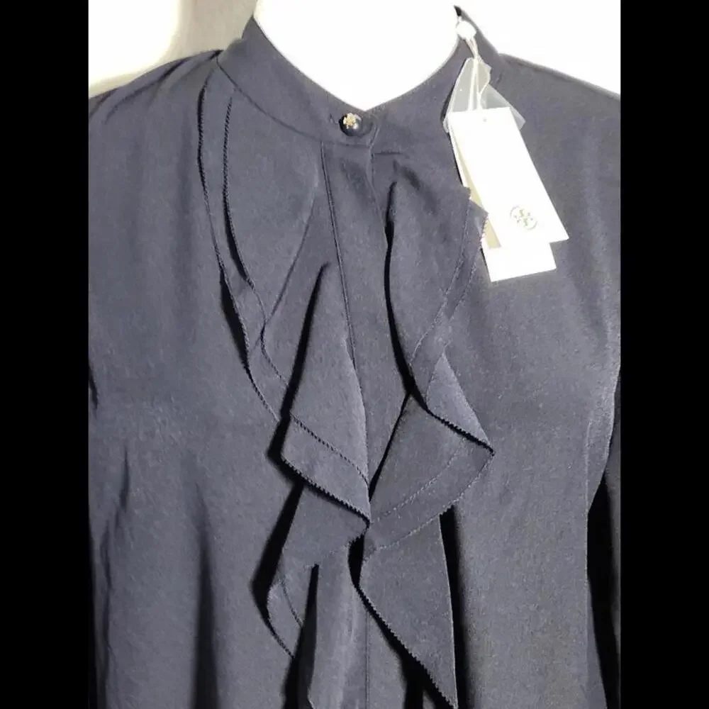 (31) Tory Burch jane ruffled crepe de chine shirt dress in navy, size 10